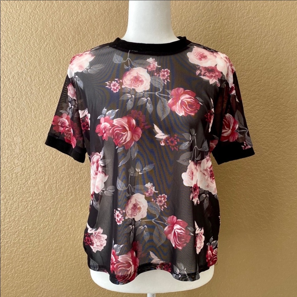 Black & Pink Floral Sheer Short Sleeved Top
